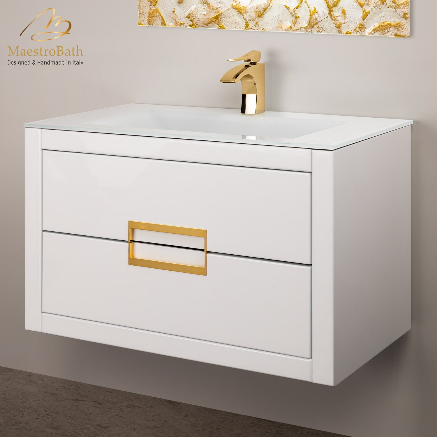 MaestroBath Dante 32" Modern Bathroom Vanity, White and Gold, Wall-mounted, Glass Top: Integrated, Wood, VANK-DNTI-WG8