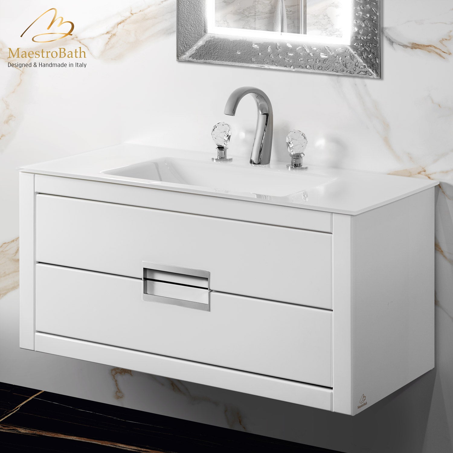 MaestroBath Dante 40" Modern Bathroom Vanity, White and Silver, Wall-mounted, Glass Top: Integrated, Wood, VANK-DNTI-WS10