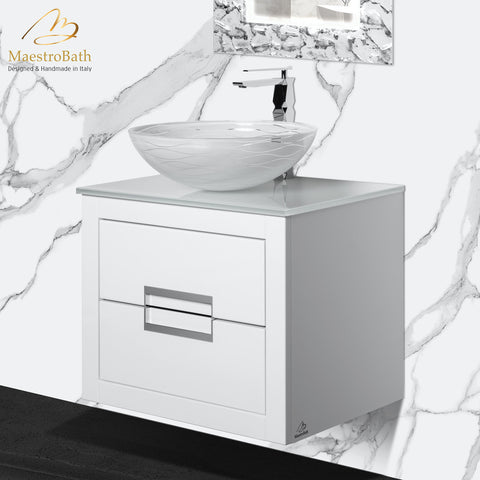 MaestroBath Dante 24" Modern Bathroom Vanity, White and Silver, Wall-mounted, Glass Top: Integrated, Wood, VANK-DNTI-WS6