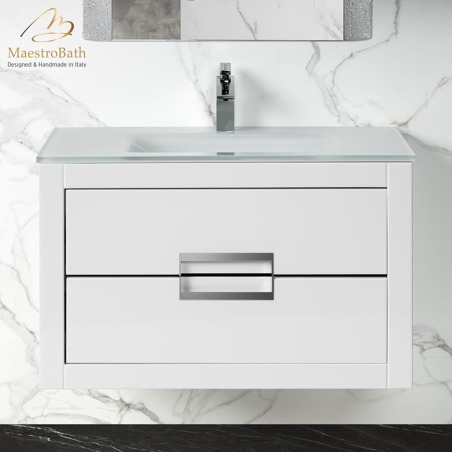 MaestroBath Dante 32" Modern Bathroom Vanity, White and Silver, Wall-mounted, Glass Top: Integrated, Wood, VANK-DNTI-WS8