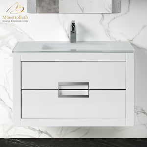 Alternate Image for MaestroBath Dante 32" Modern Bathroom Vanity, White and Silver, Wall-mounted, Glass Top: Integrated, Wood, VANK-DNTI-WS8