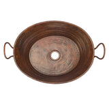 Premier Copper Products 16" Oval Bucket Vessel Hammered Copper Bathroom Sink with Handles, Matching Drain and Accessories, Oil Rubbed Bronze, BSP5_VOB16DB-P