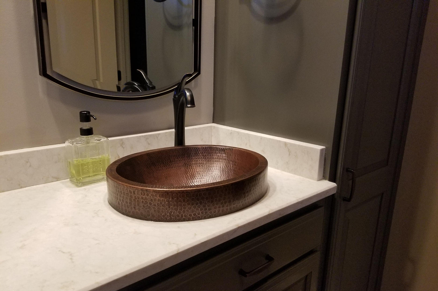 Installation Image of Premier Copper Products 17" Round Copper Bathroom Sink, Oil Rubbed Bronze, VR17SKDB