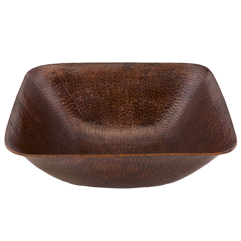 Premier Copper Products 14" Square Vessel Hammered Copper Bathroom Sink, Matching Drain and Accessories, Oil Rubbed Bronze, BSP5_VSQ14BDB-P