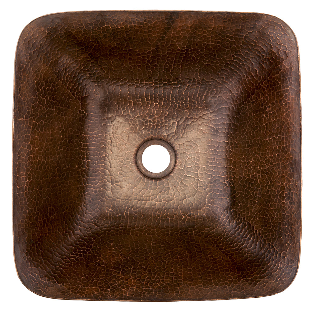 Premier Copper Products 14" Square Vessel Hammered Copper Bathroom Sink, Matching Drain and Accessories, Oil Rubbed Bronze, BSP5_VSQ14BDB-P