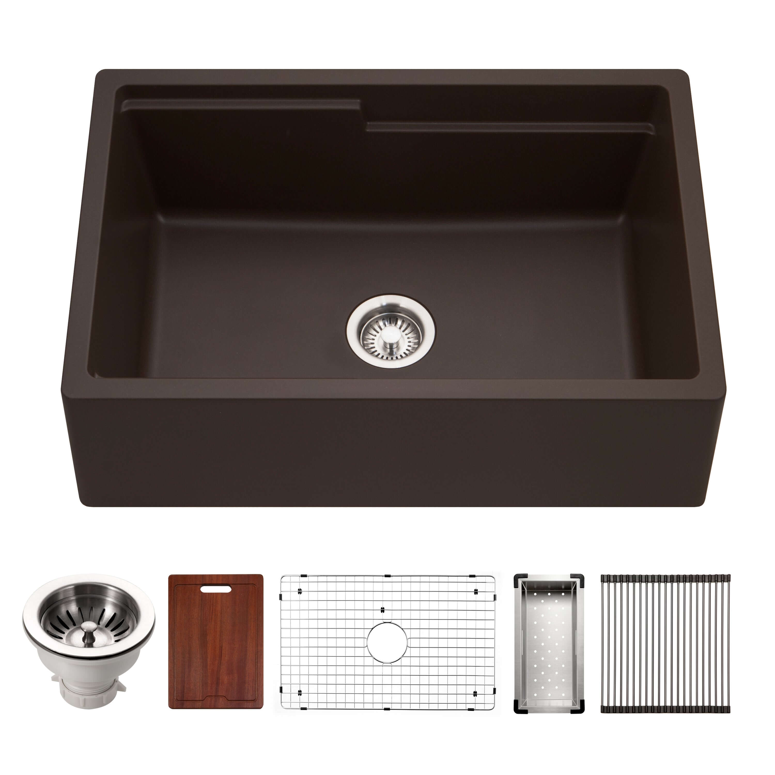 Houzer Quartztone 30" Mocha Apron Front Farmhouse Granite Composite Workstation Kitchen Sink with Accessories - W-130 MOCHA-C