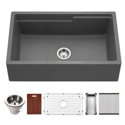 Houzer Quartztone 33" Slate Apron Front Farmhouse Granite Composite Workstation Kitchen Sink with Accessories - W-133 SLATE-C