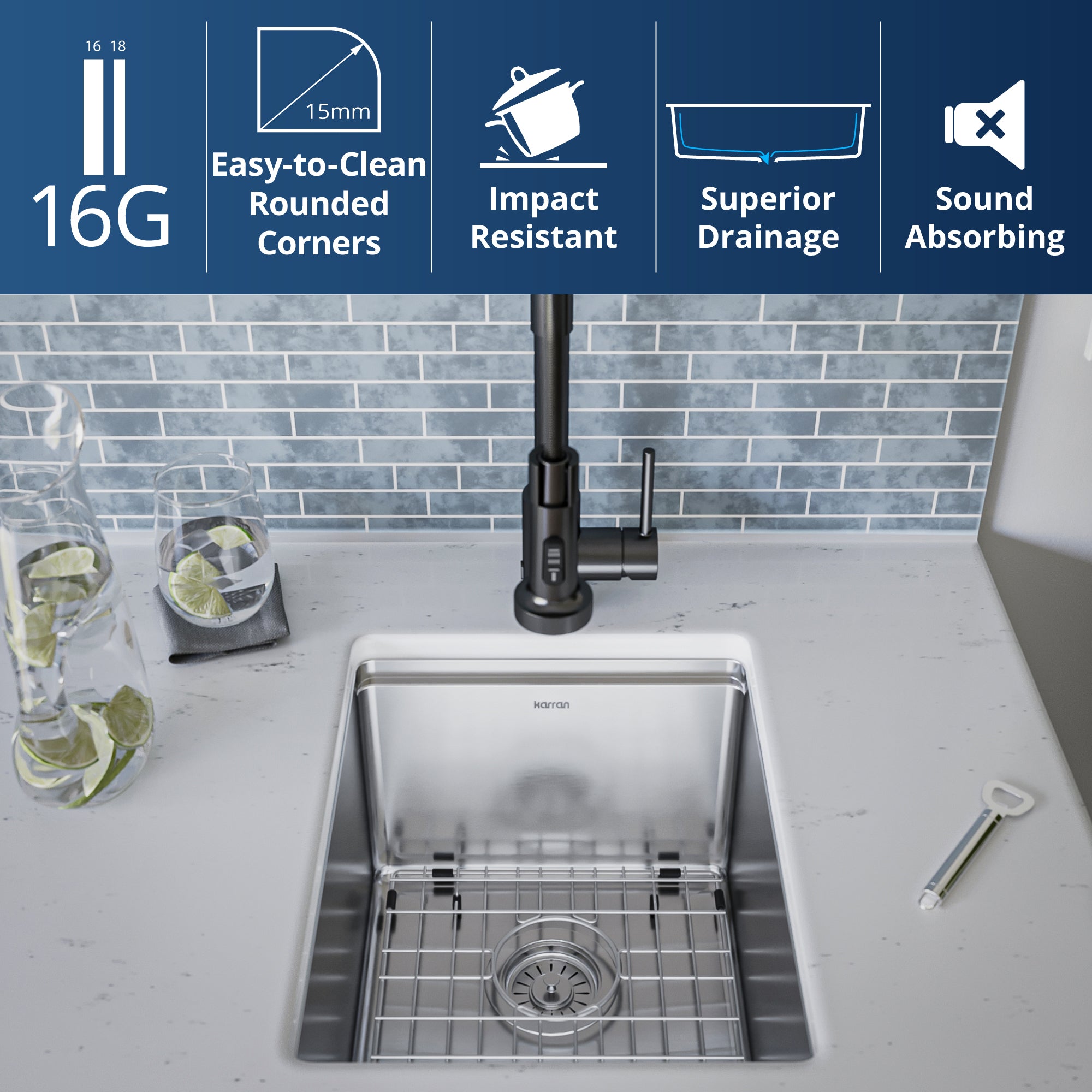 Karran Elite Workstation 15" Undermount Stainless Steel Workstation Kitchen Sink with Accessories, 16 Gauge, WS-31-PK1