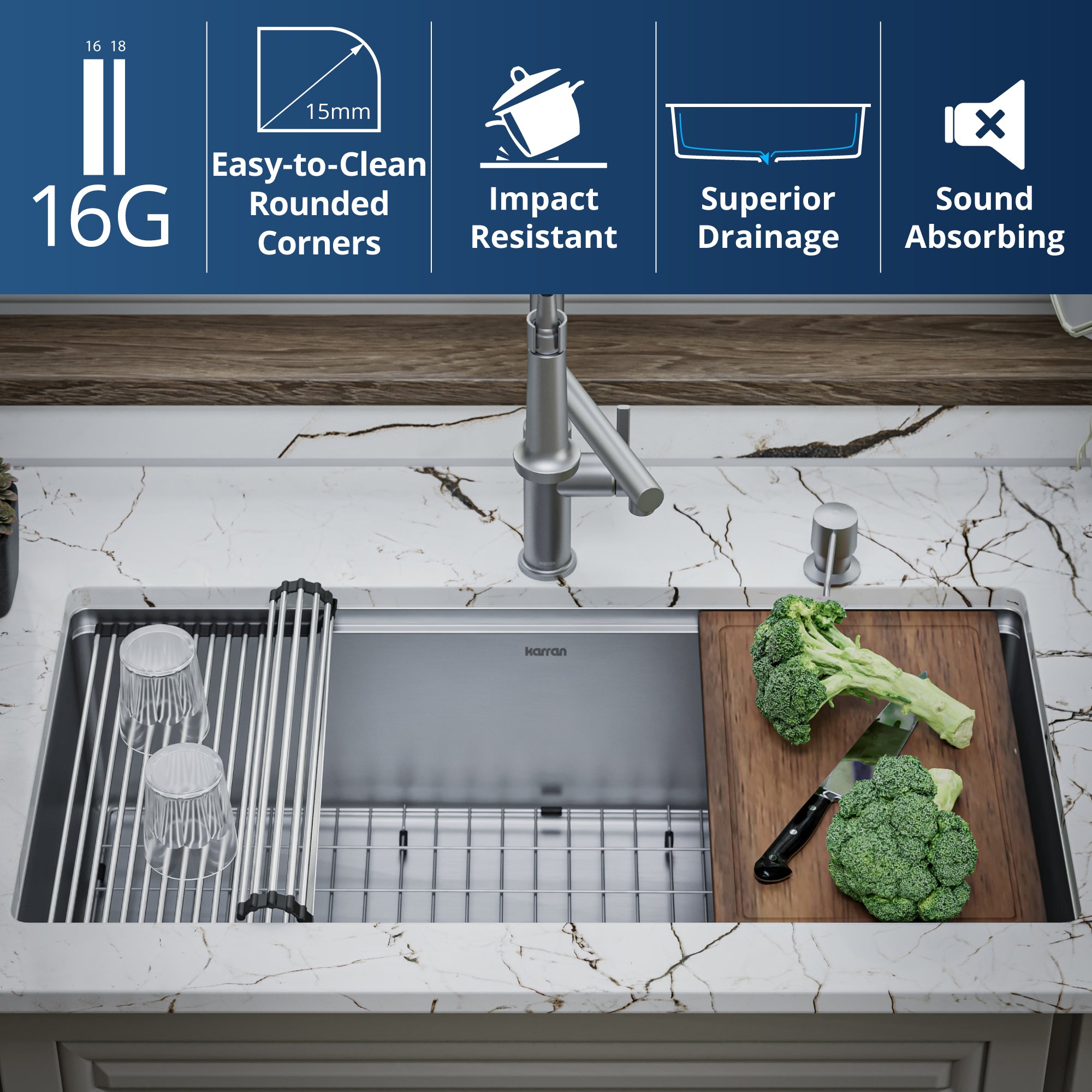 Karran Elite Workstation 36" Undermount Stainless Steel Workstation Kitchen Sink with Accessories, 16 Gauge, WS-38-PK1
