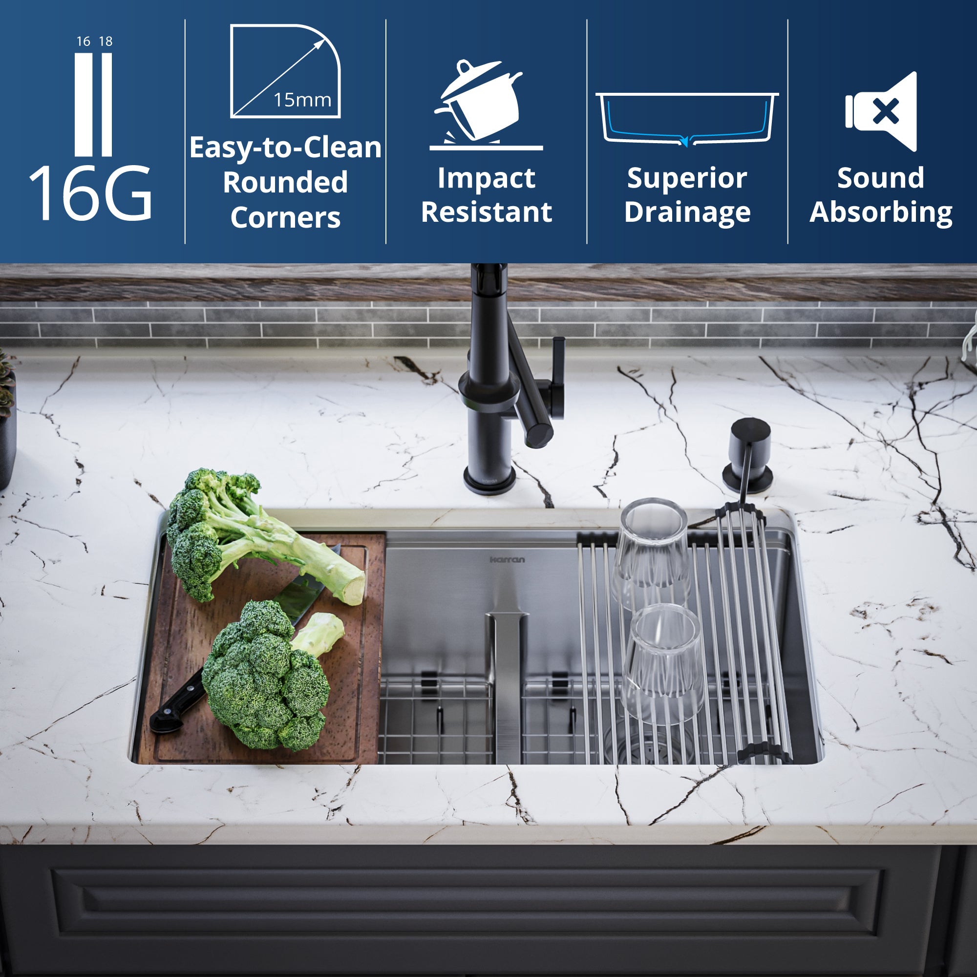 Karran Elite Workstation 32" Undermount Stainless Steel Workstation Kitchen Sink with Accessories, 60/40 Double Bowl, 16 Gauge, WS-40-PK1