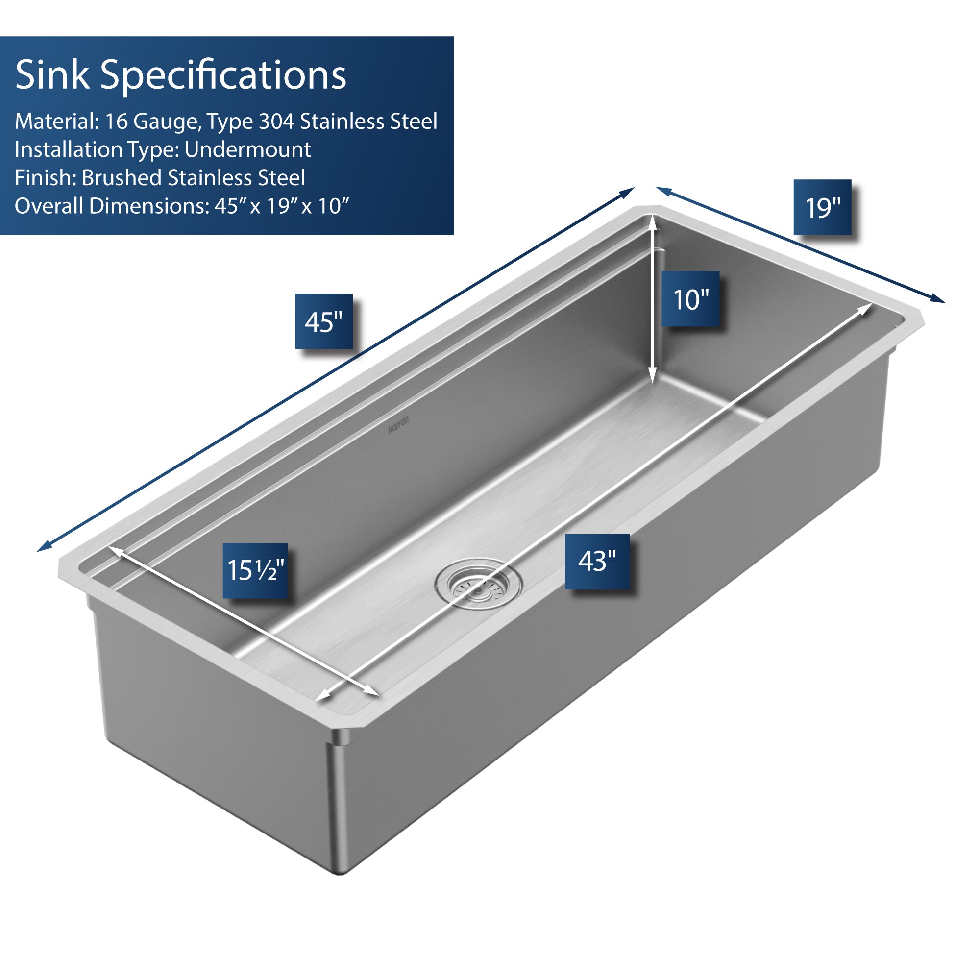 Karran Elite Workstation 45" Undermount Stainless Steel Workstation Kitchen Sink with Accessories, 16 Gauge, WS-90-PK1
