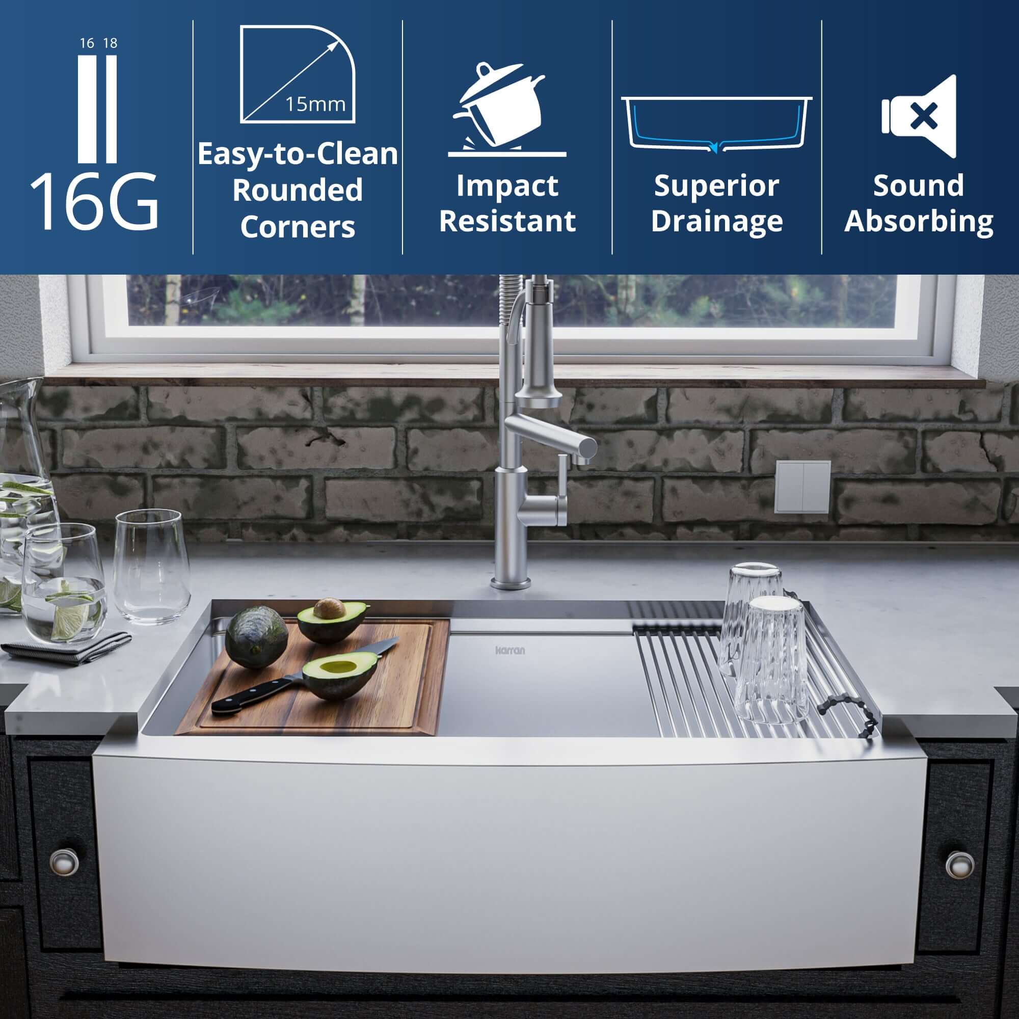Karran Elite Workstation 33" Stainless Steel Workstation Farmhouse Sink with Accessories, 16 Gauge, WSA-45-PK1