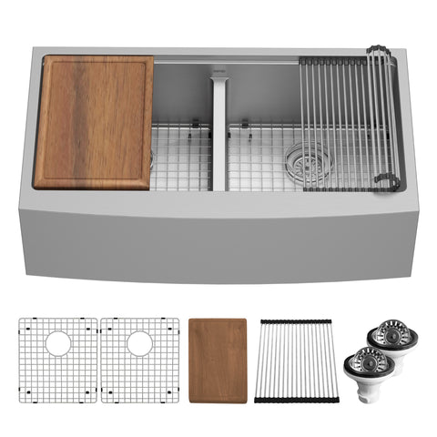 Karran Elite Workstation 36" Stainless Steel Workstation Farmhouse Sink with Accessories, 50/50 Double Bowl, 16 Gauge, WSA-48-PK1