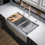 Karran Elite Workstation 36" Stainless Steel Workstation Farmhouse Sink with Accessories, 50/50 Double Bowl, 16 Gauge, WSA-48-PK1