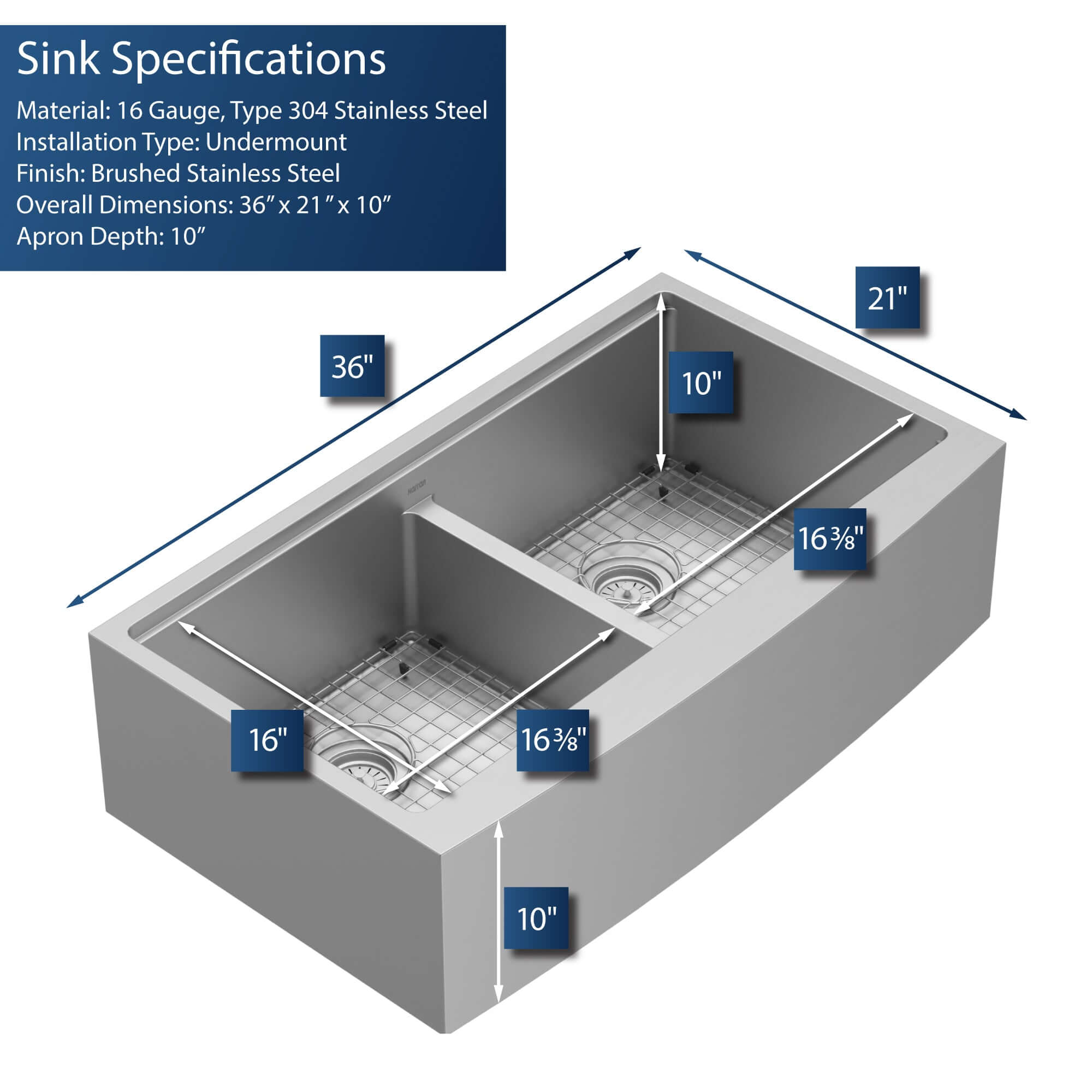 Karran Elite Workstation 36" Stainless Steel Workstation Farmhouse Sink with Accessories, 50/50 Double Bowl, 16 Gauge, WSA-48-PK1