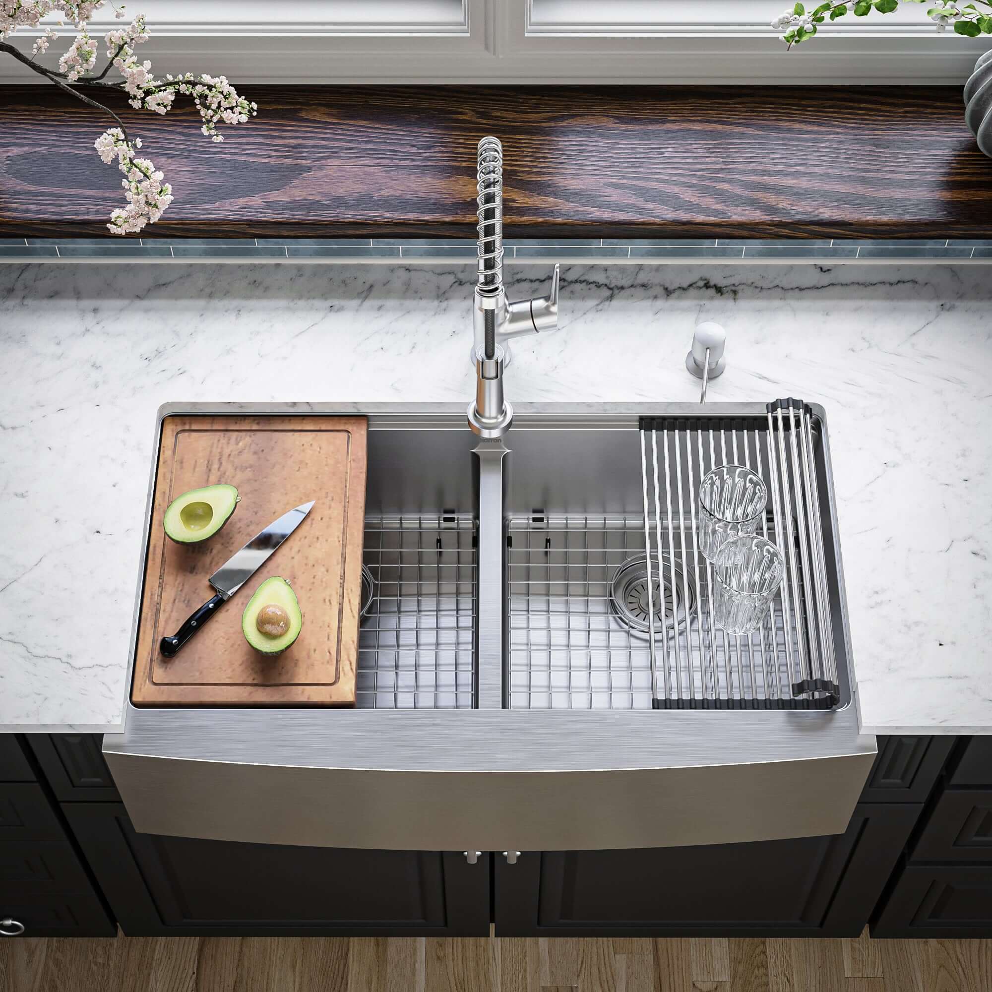 Karran Elite Workstation 36" Stainless Steel Workstation Farmhouse Sink with Accessories, 50/50 Double Bowl, 16 Gauge, WSA-48-PK1