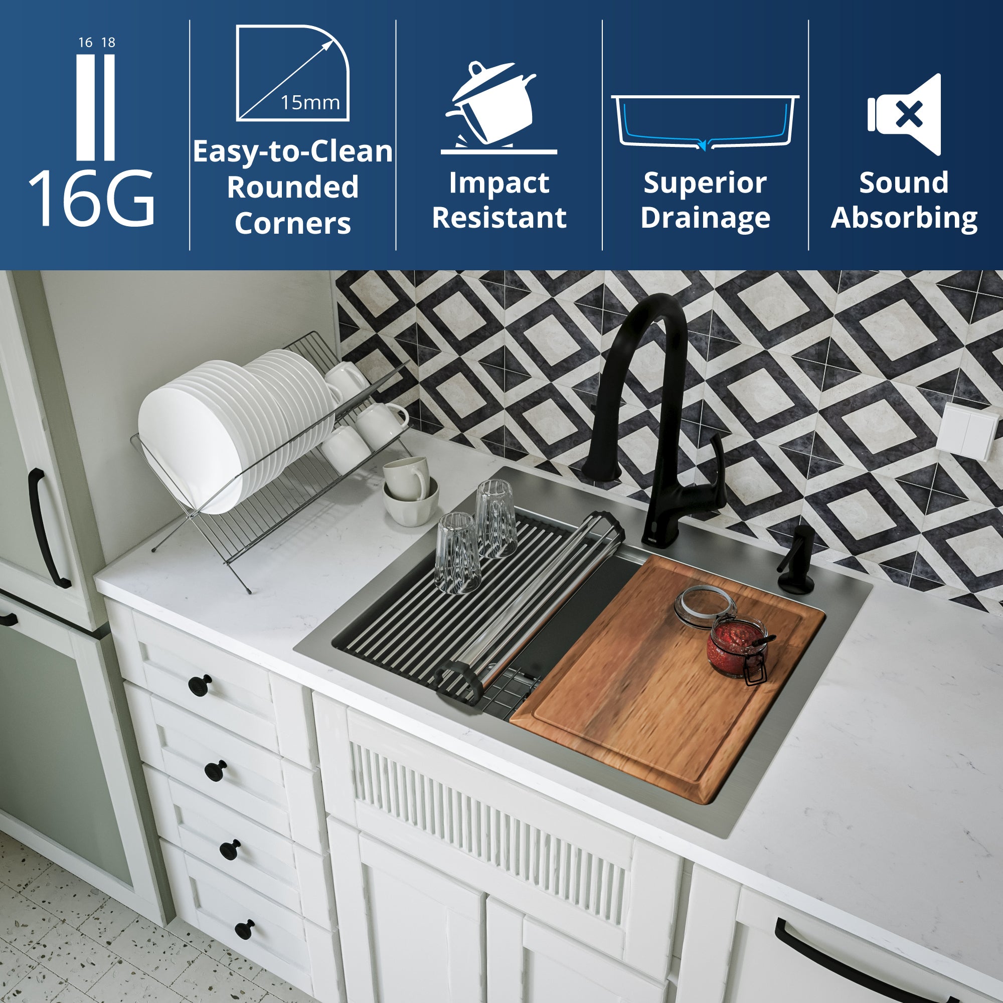 Karran Elite Workstation 25" Drop In/Topmount Stainless Steel Workstation Kitchen Sink with Accessories, 16 Gauge, WST-22-PK1