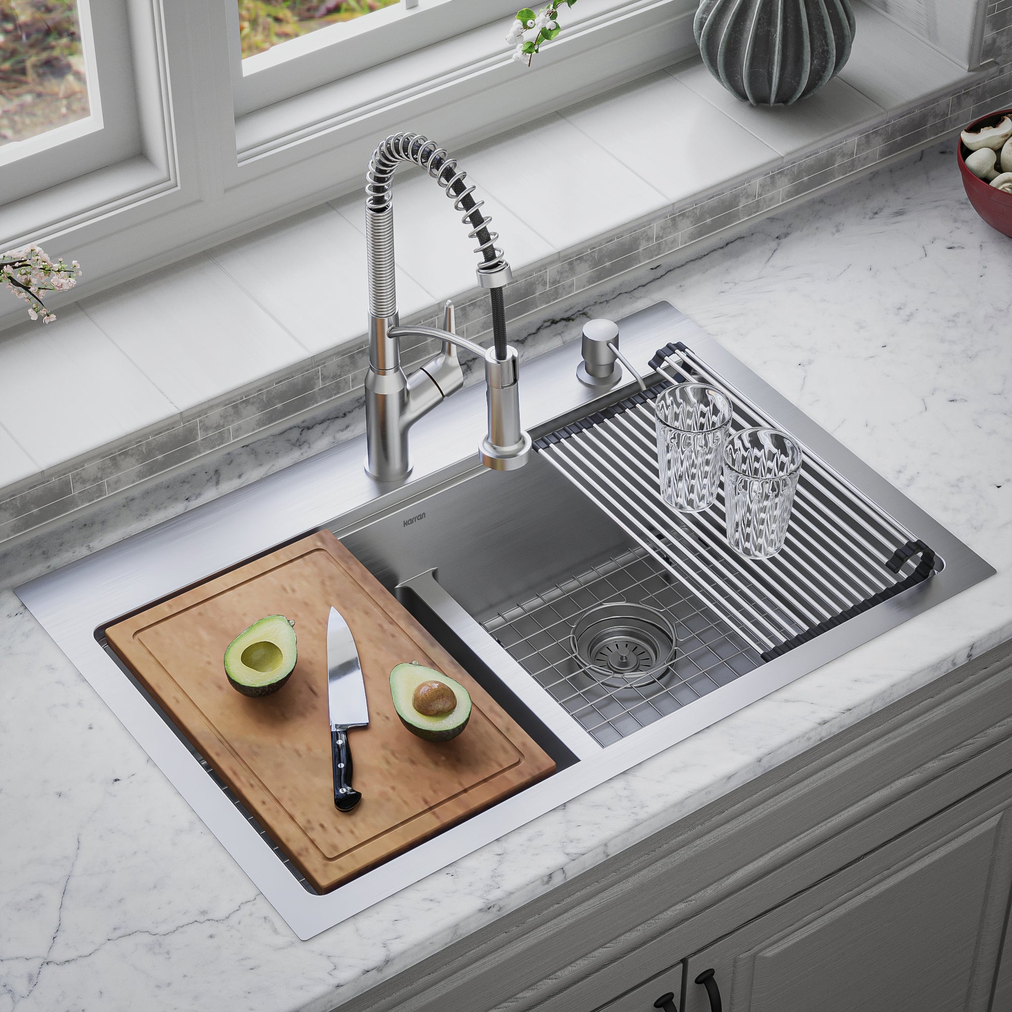 Karran Elite Workstation 33" Drop In/Topmount Stainless Steel Workstation Kitchen Sink with Accessories, 50/50 Double Bowl, 16 Gauge, WST-28-PK1