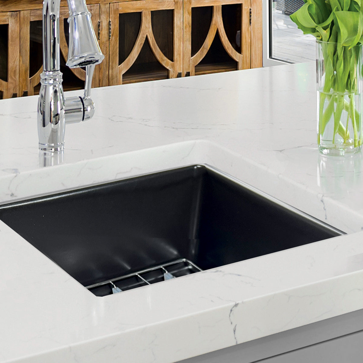 Nantucket Sinks Cape 18" Dual Mount Fireclay Kitchen Sink with Accessories, Matte Black, Wellfleet-1818MB