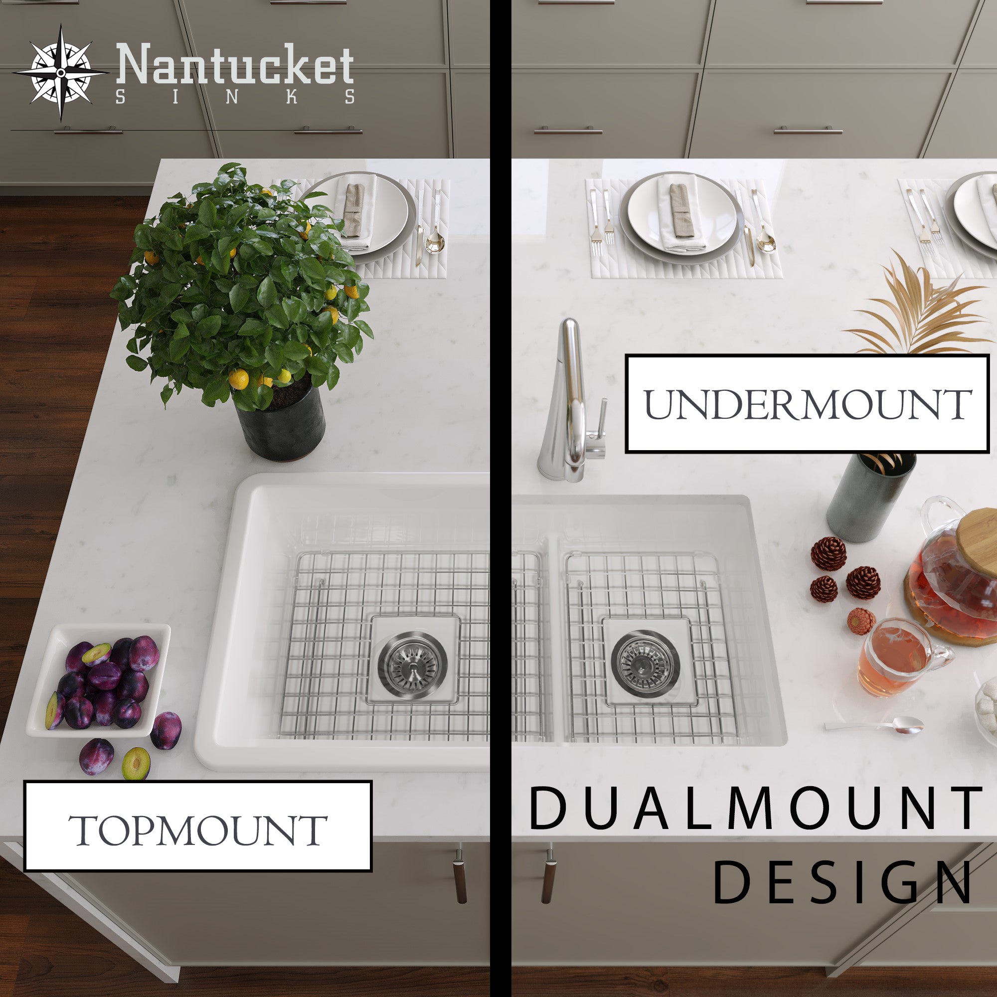 Nantucket Sinks Cape 31" Dual Mount Fireclay Kitchen Sink with Accessories, 60/40 Double Bowl, White, Wellfleet-31OSW