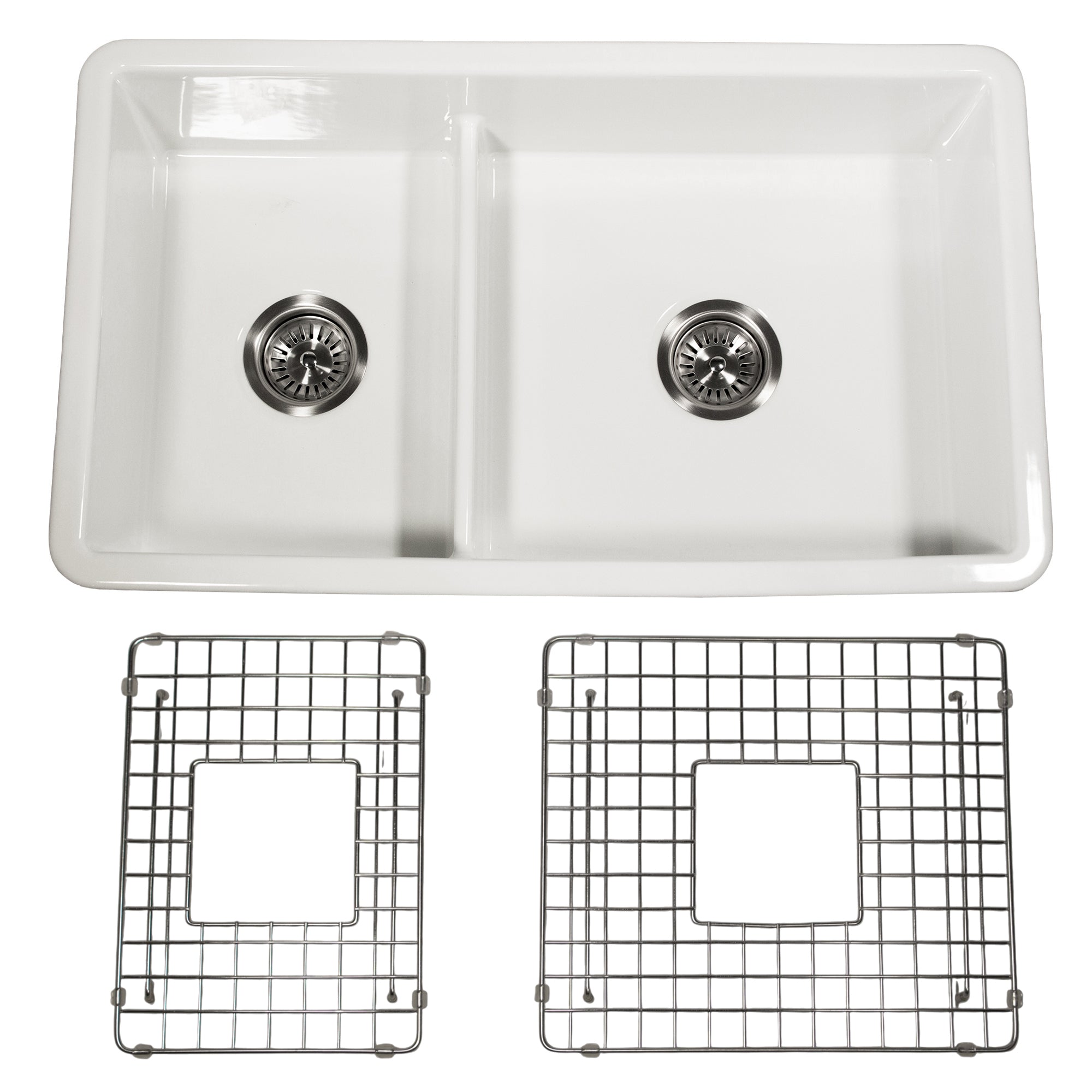 Nantucket Sinks Cape 31" Dual Mount Fireclay Kitchen Sink with Accessories, 60/40 Double Bowl, White, Wellfleet-31OSW
