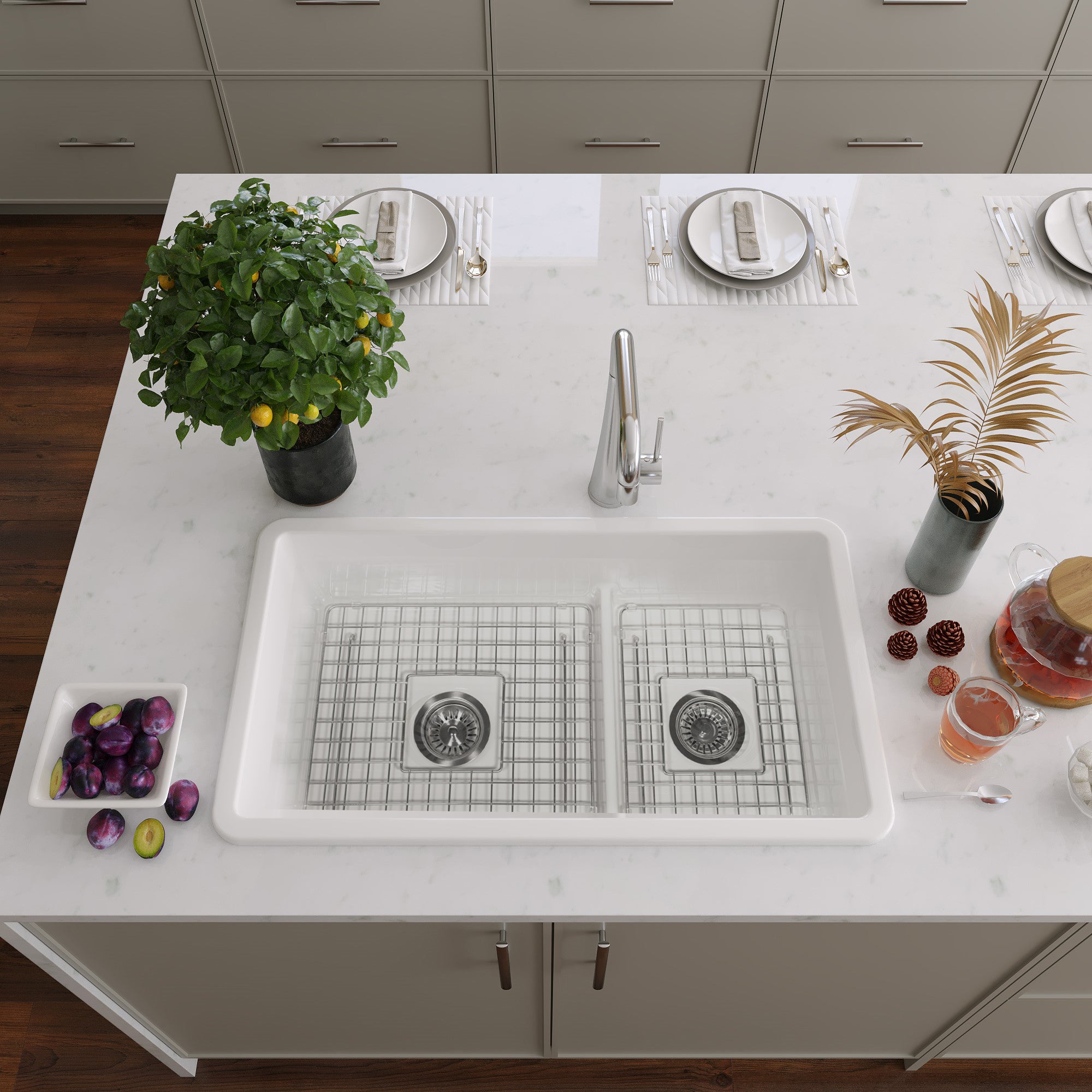 Nantucket Sinks Cape 31" Dual Mount Fireclay Kitchen Sink with Accessories, 60/40 Double Bowl, White, Wellfleet-31OSW