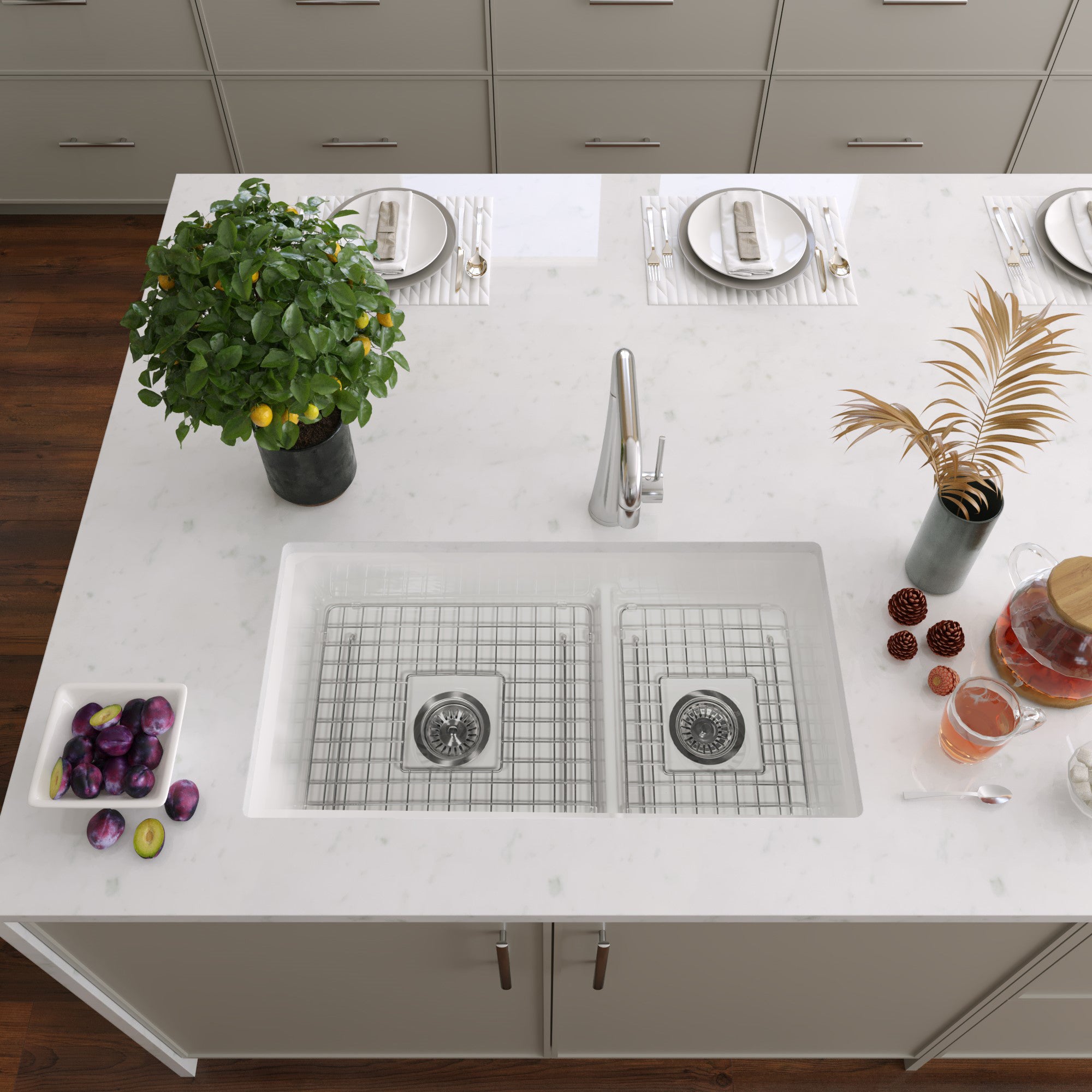 Nantucket Sinks Cape 31" Dual Mount Fireclay Kitchen Sink with Accessories, 60/40 Double Bowl, White, Wellfleet-31OSW