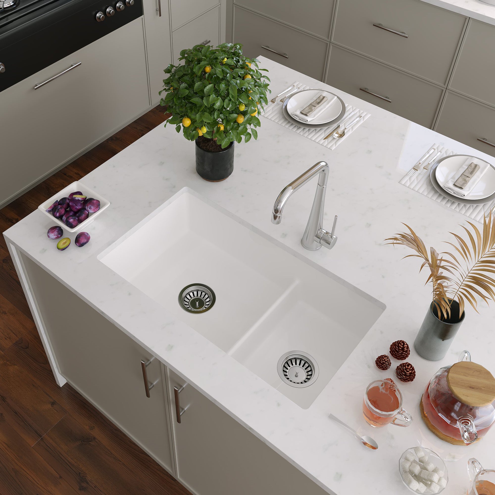 Nantucket Sinks Cape 31" Dual Mount Fireclay Kitchen Sink with Accessories, 60/40 Double Bowl, White, Wellfleet-31OSW