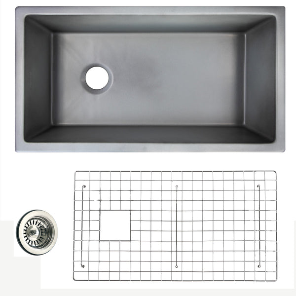 Nantucket Sinks Cape 34" Dual Mount Fireclay Kitchen Sink with Accessories, Concrete Grey, Wellfleet-3419Concrete