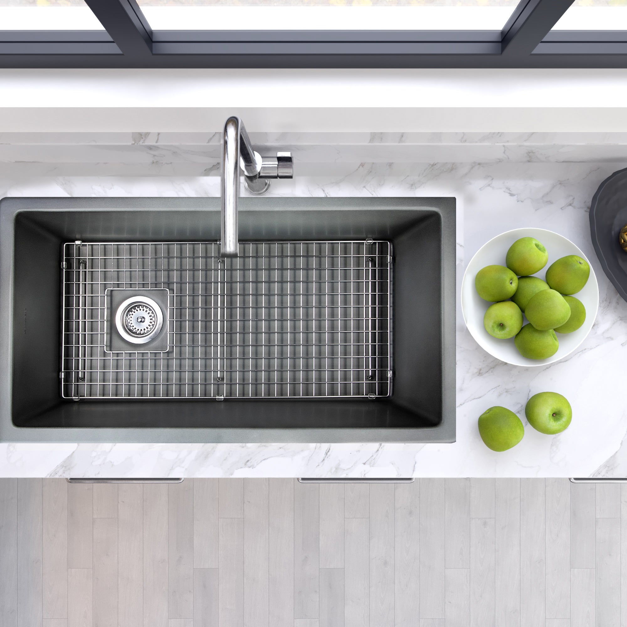 Nantucket Sinks Cape 34" Dual Mount Fireclay Kitchen Sink with Accessories, Concrete Grey, Wellfleet-3419Concrete