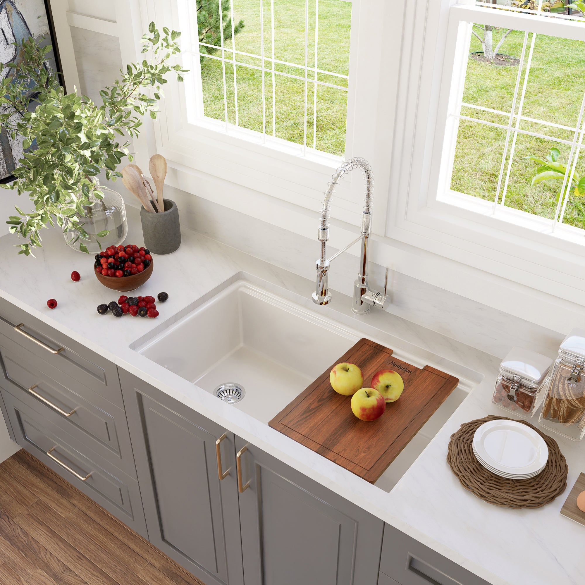 Alternate Image for Nantucket Sinks Cape 33" Dual Mount Fireclay Kitchen Sink with Accessories, White, Wellfleet-PS3320W