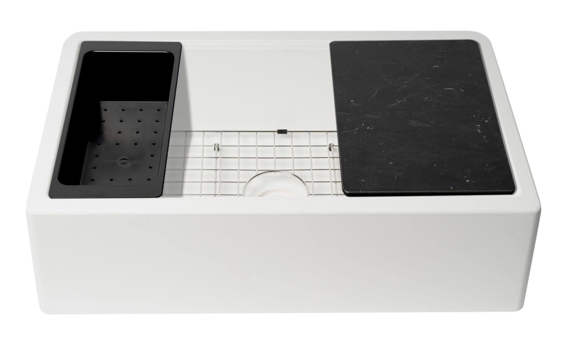ALFI brand 33" Granite Composite Workstation Farmhouse Sink with Accessories, White, No Faucet Hole, AB33FARM-W