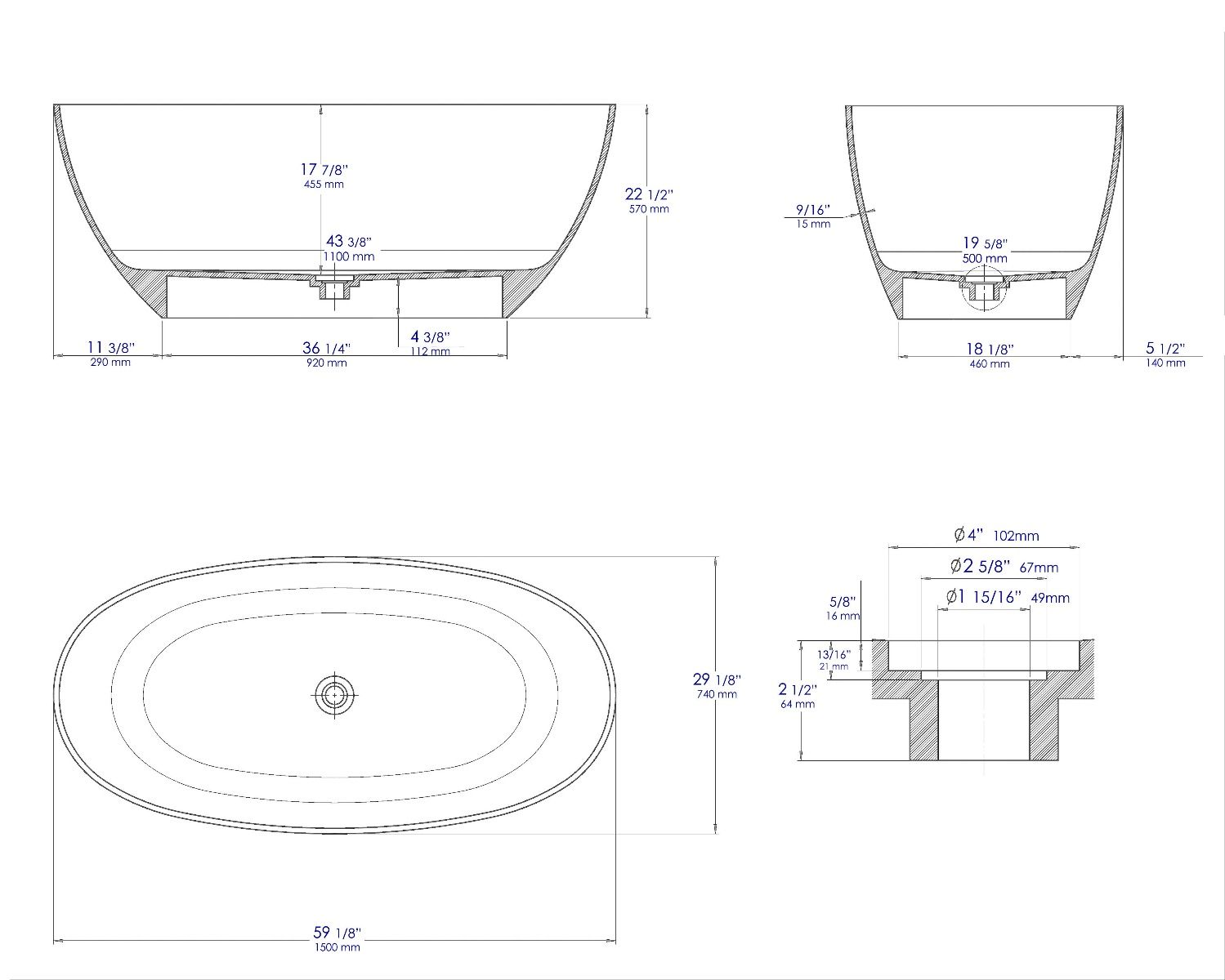 ALFI brand 59" Solid Surface Resin Free Standing Oval Soaking Bathtub, Black & White, AB9975BM