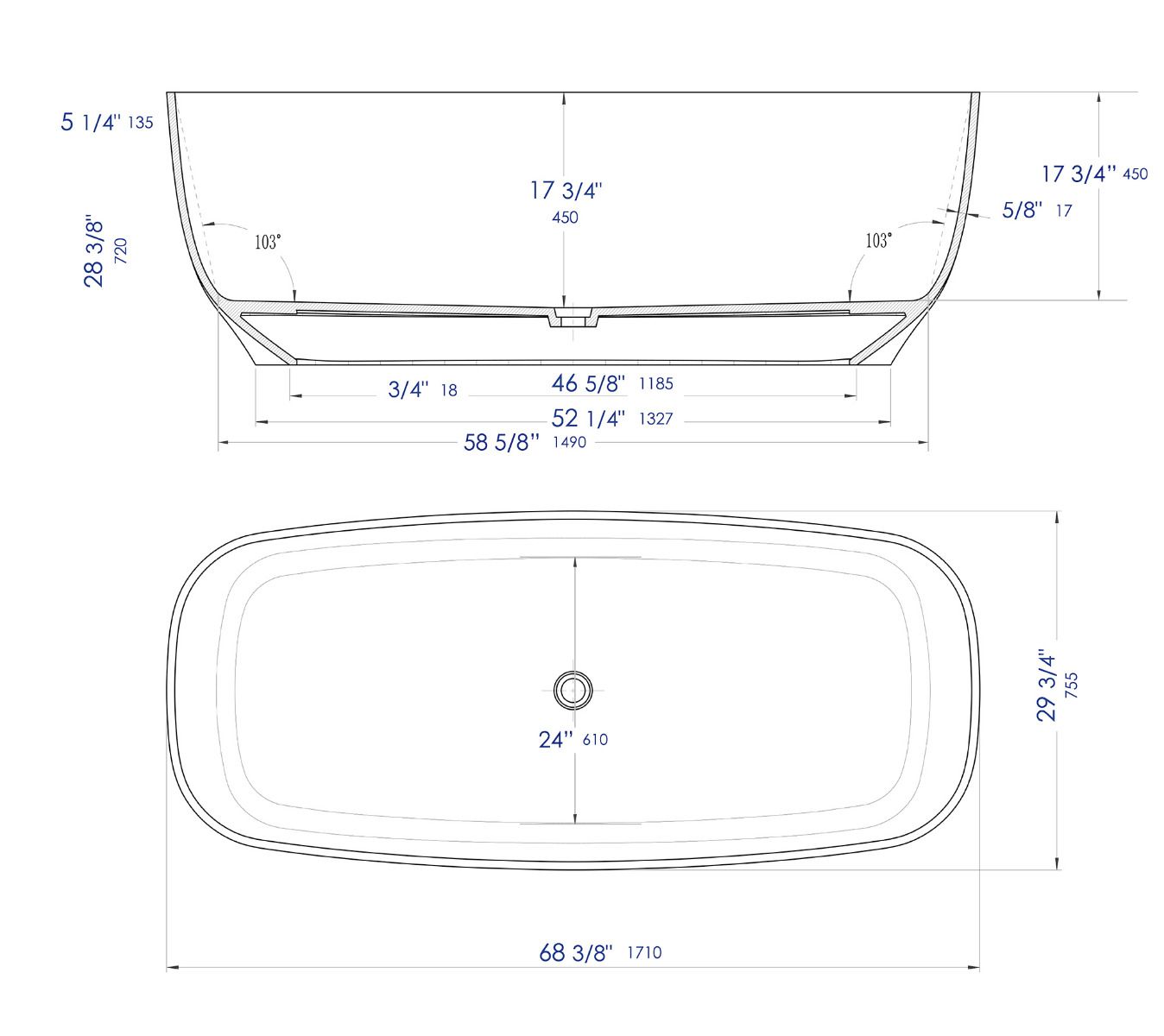 ALFI brand 68" Solid Surface Resin Free Standing Rectangle Bathtub, White Matte, AB9980