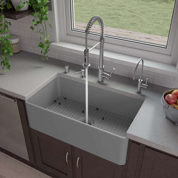 ALFI brand 33" Fireclay Farmhouse Sink, Gray Matte, No Faucet Hole, ABF3318S-GM