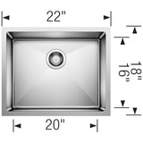 Blanco Quatrus 22" Undermount Stainless Steel Kitchen Sink, Satin Polish, 18 Gauge, No Faucet Hole, 443145