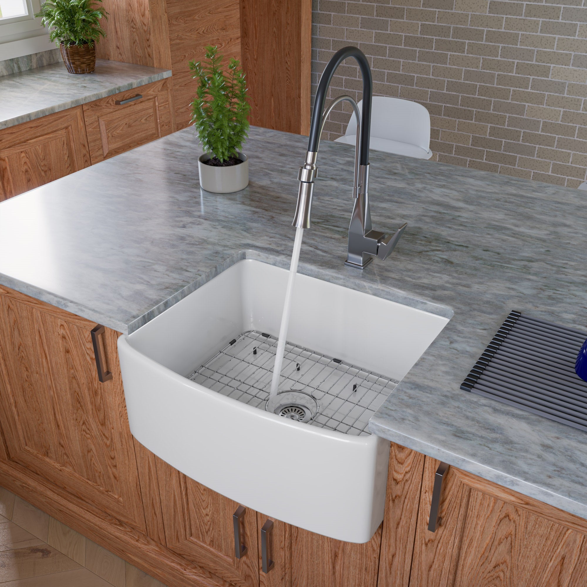 ALFI brand 24" Fireclay Farmhouse Sink with Accessories, White, ABFC2420-W