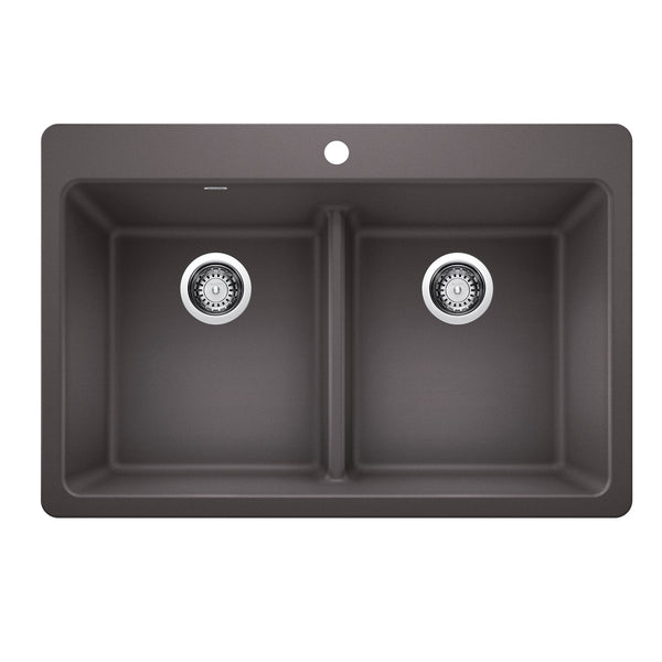 Blanco Liven 33" Dual Mount Silgranit Kitchen Sink, 50/50 Double Bowl, Cinder, 1 Faucet Hole, 443204