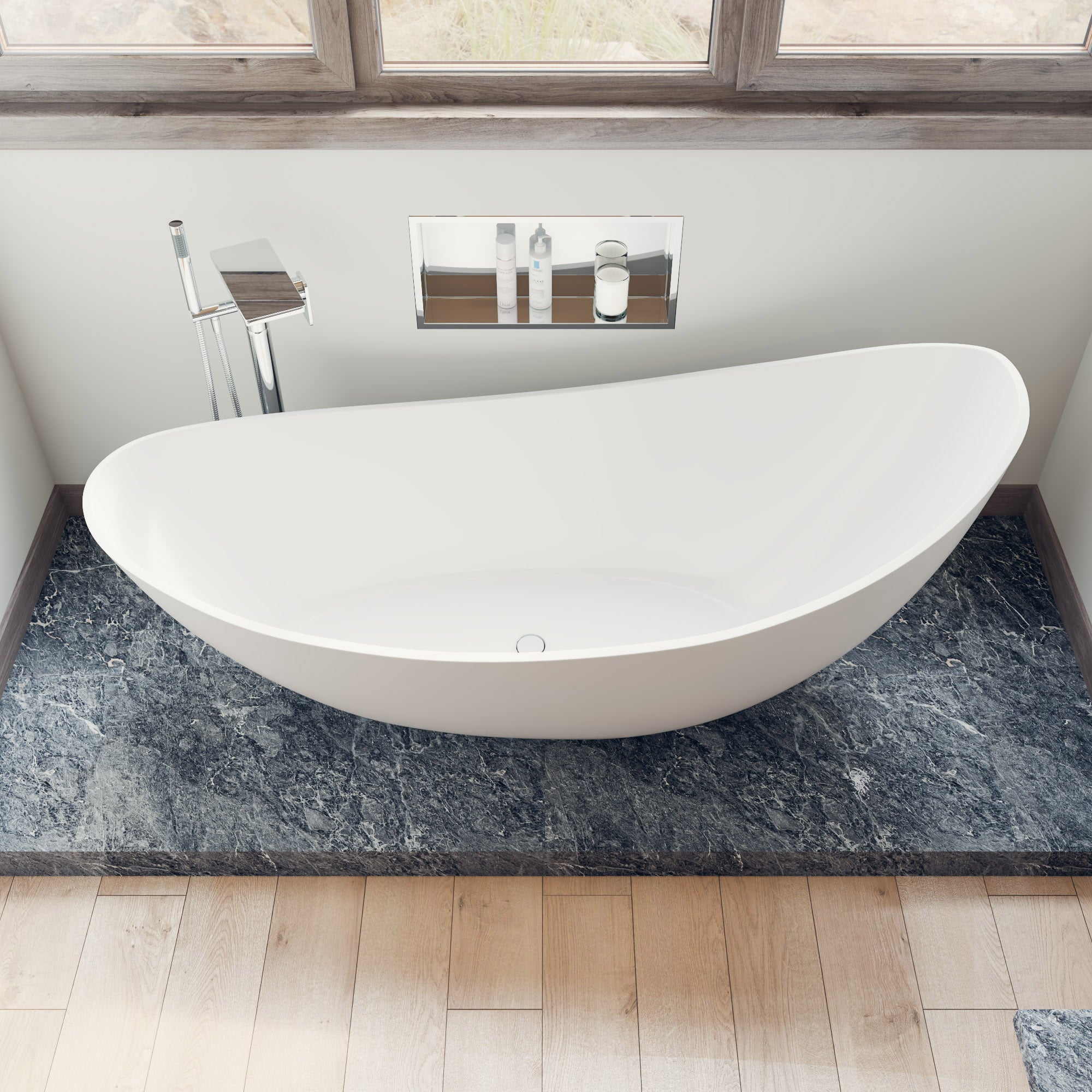 ALFI brand 74" Solid Surface Smooth Resin Free Standing Oval Soaking Bathtub, White Matte, AB9951