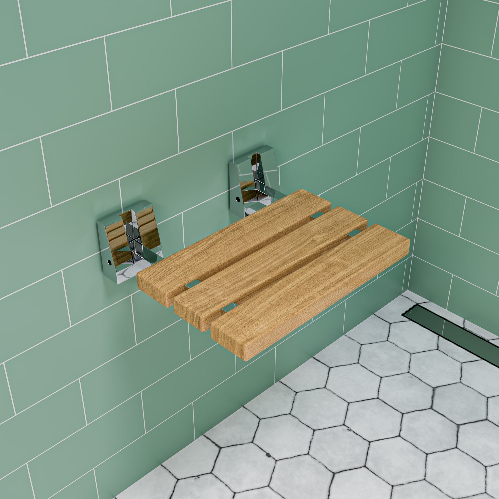 ALFI brand ABS16S-PC Polished Chrome 16" Folding Teak Wood Shower Seat Bench, Natural Wood