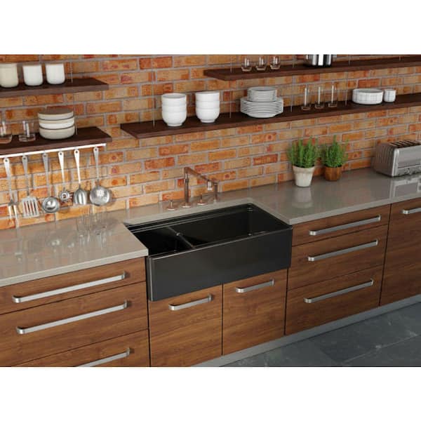 Latoscana 36" Double Bowl Fireclay Farmhouse Sink with Accessory Ledge, Black, LDL3619B