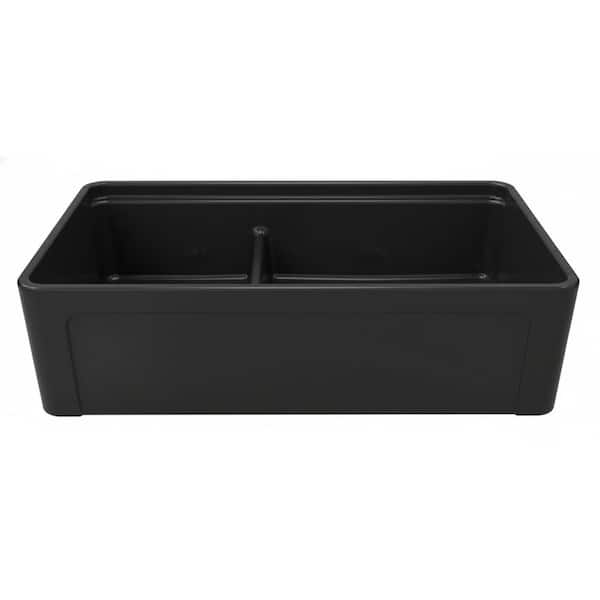 Latoscana 36" Double Bowl Fireclay Farmhouse Sink with Accessory Ledge, Black, LDL3619B