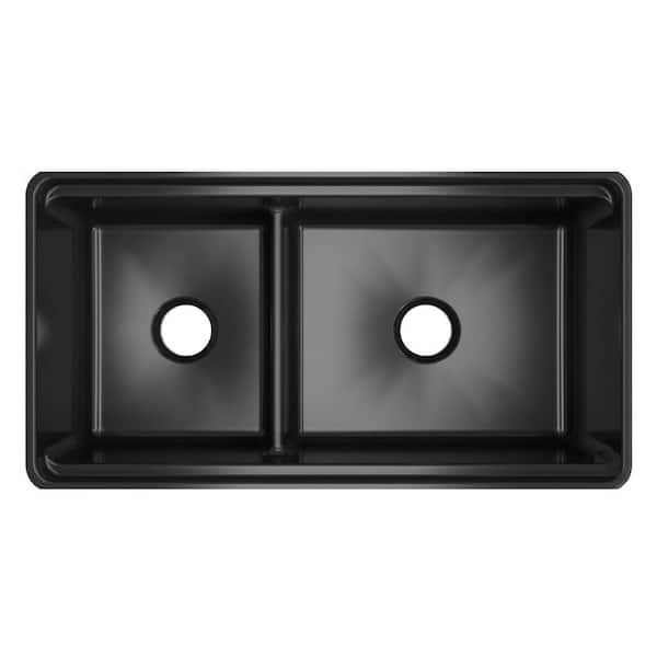 Latoscana 36" Double Bowl Fireclay Farmhouse Sink with Accessory Ledge, Black, LDL3619B