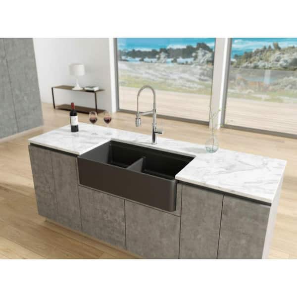 Latoscana 36" Double Bowl Fireclay Farmhouse Sink with Accessory Ledge, Black, LDL3619B