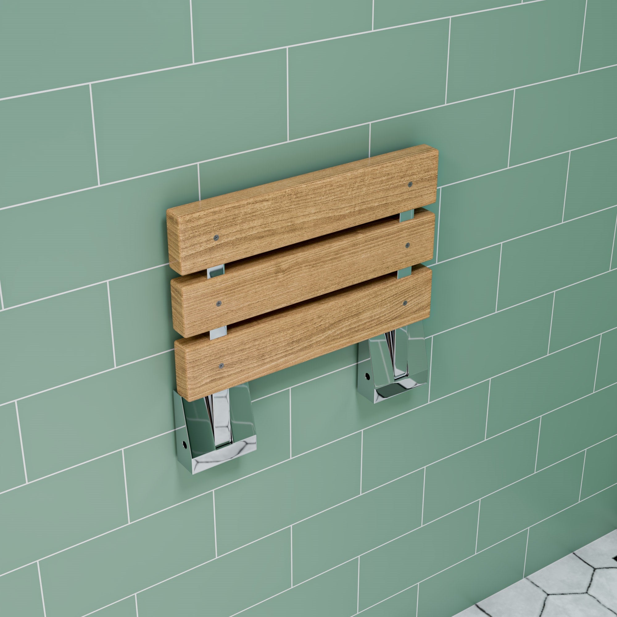 ALFI brand ABS16S-PC Polished Chrome 16" Folding Teak Wood Shower Seat Bench, Natural Wood