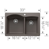 Blanco Diamond 33" Dual Mount Silgranit Kitchen Sink, 60/40 Double Bowl, Volcano Gray, 1 Faucet Hole, 443100