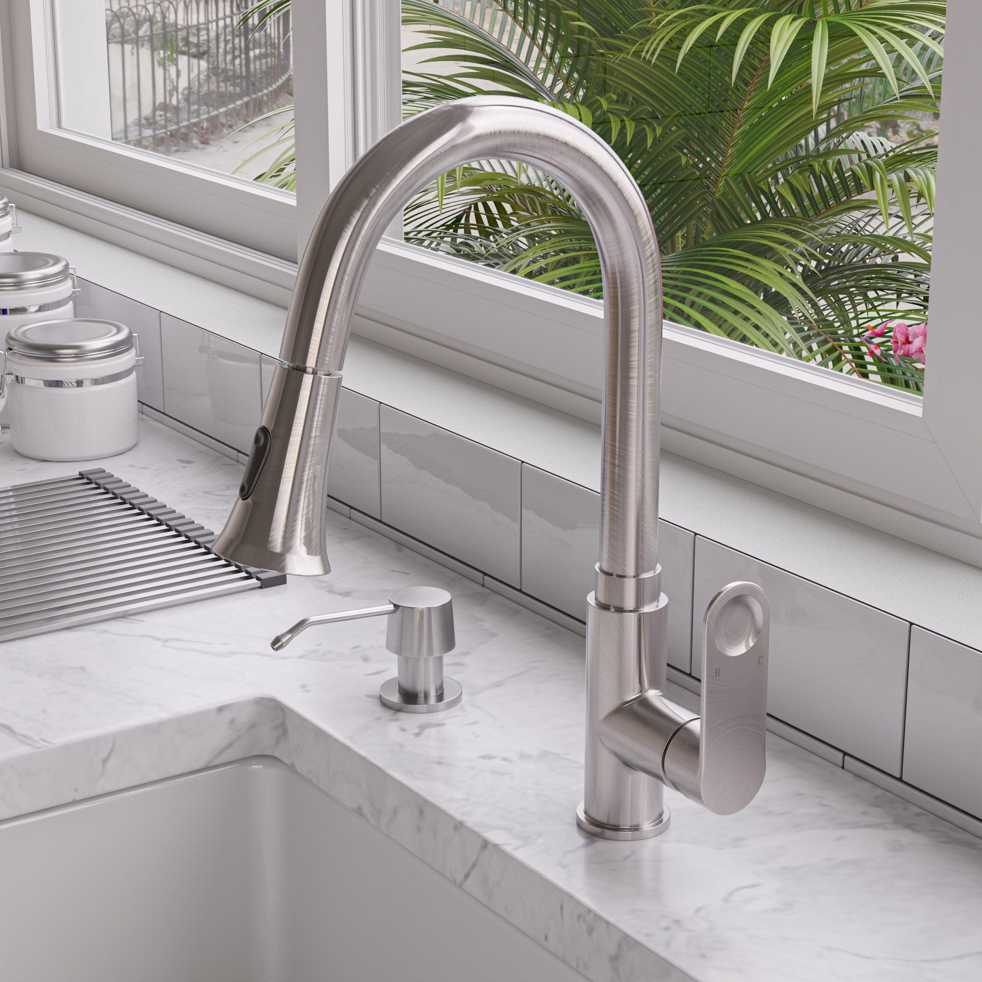 ALFI brand 1.8 GPM Lever Gooseneck Spout Touch Kitchen Faucet, Modern, Gray, Pull Down, Brushed Nickel, ABKF3480-BN
