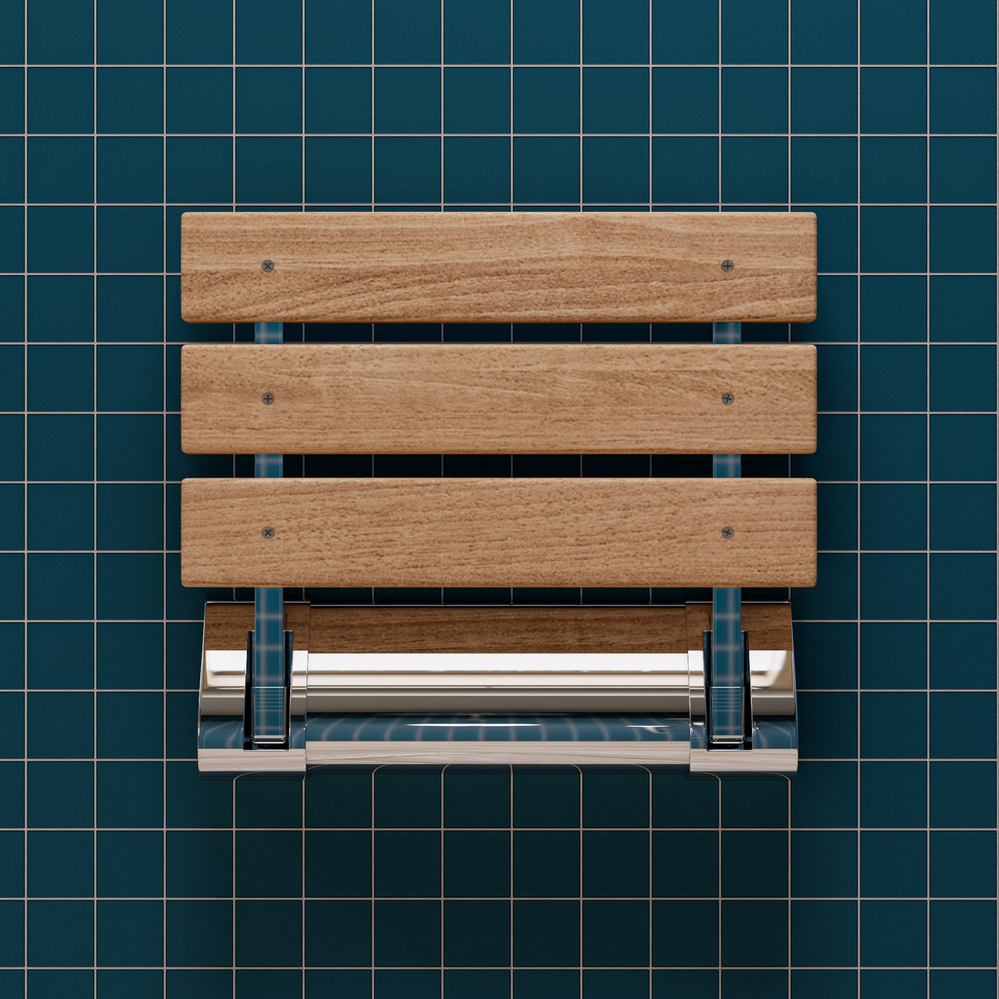 ALFI brand ABS14-PC Polished Chrome 14" Folding Teak Wood Shower Seat Bench, Natural Wood