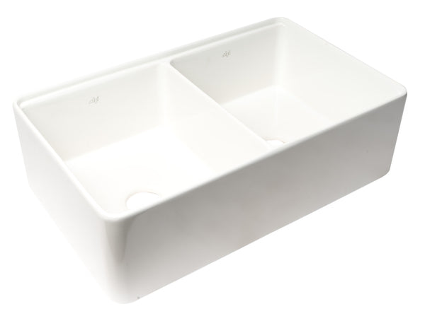 ALFI brand 33" Fireclay Workstation Farmhouse Sink with Accessories, 50/50 Double Bowl, White, No Faucet Hole, ABFS3320D-W