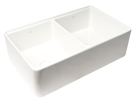 ALFI brand 33" Fireclay Workstation Farmhouse Sink with Accessories, 50/50 Double Bowl, White, No Faucet Hole, ABFS3320D-W